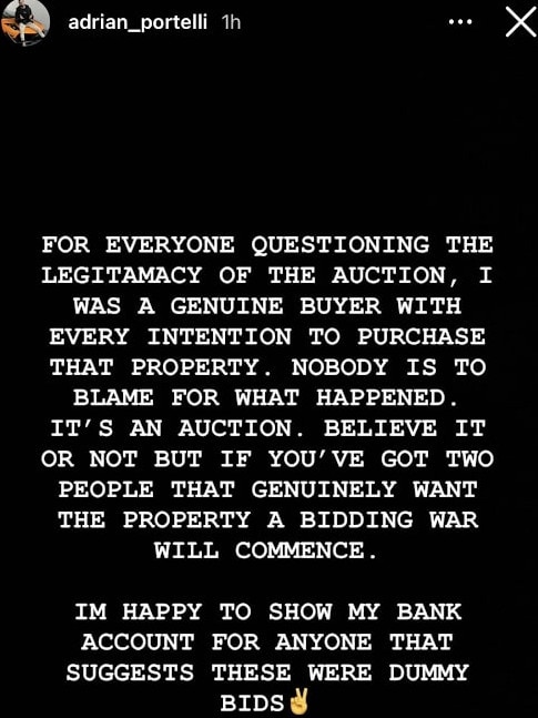 Portelli hit back at social media users who suggested he was an auction "plant". Picture: Instagram