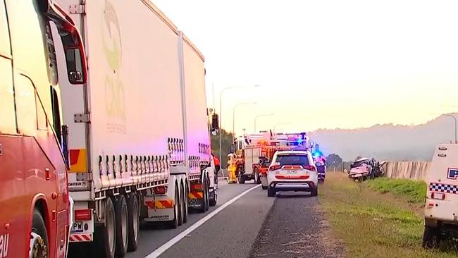 Emergency services on the scene at Federal following a horror crash which has claimed three lives. Source: Channel 7.