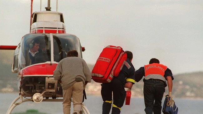 Parademics leaving Hobart by helicopter to go to the shooting scene after gunman Martin Bryant went on rampage on April 28, 1996, killing 35 people and wounding 20 more at Port Athur in Tasmania.