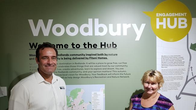 Fiteni Homes manager Vaughn Bowden introduces the project to local resident Glenys Tawhai at the Victoria Point Cineplex interactive hub.