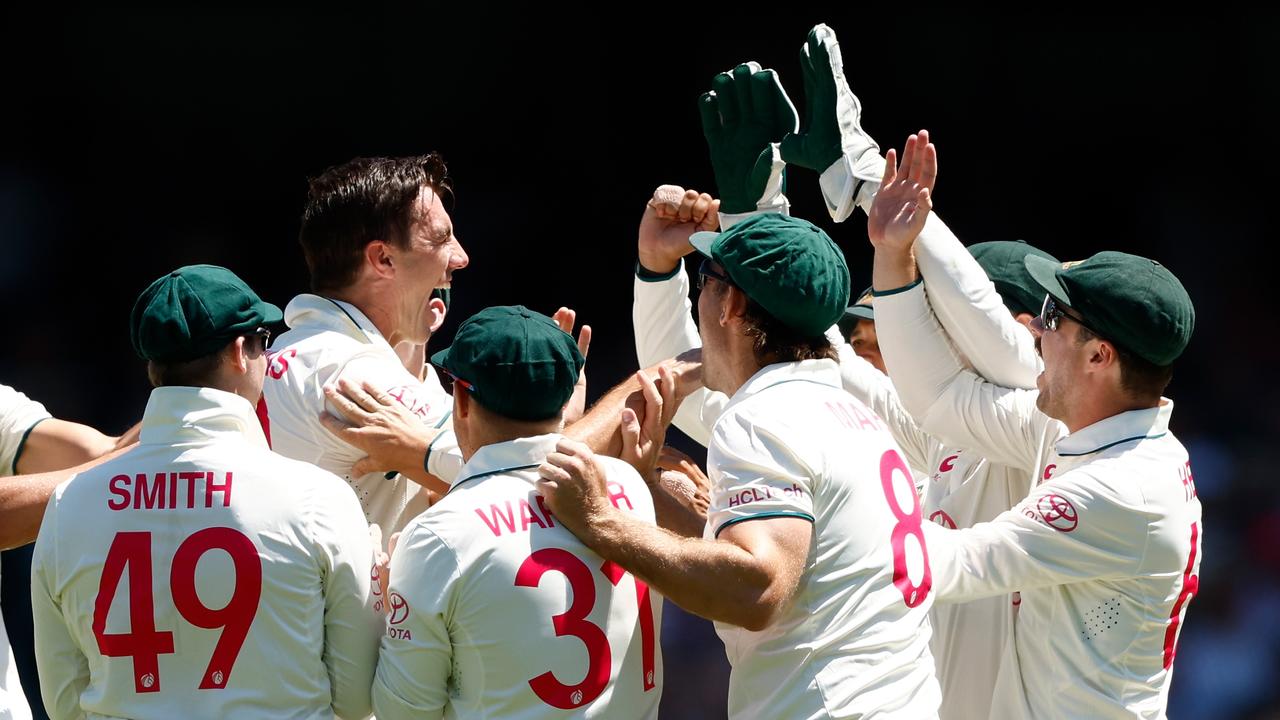 Pat Cummins celebrates the wicket of Babar Azam. Picture: Getty