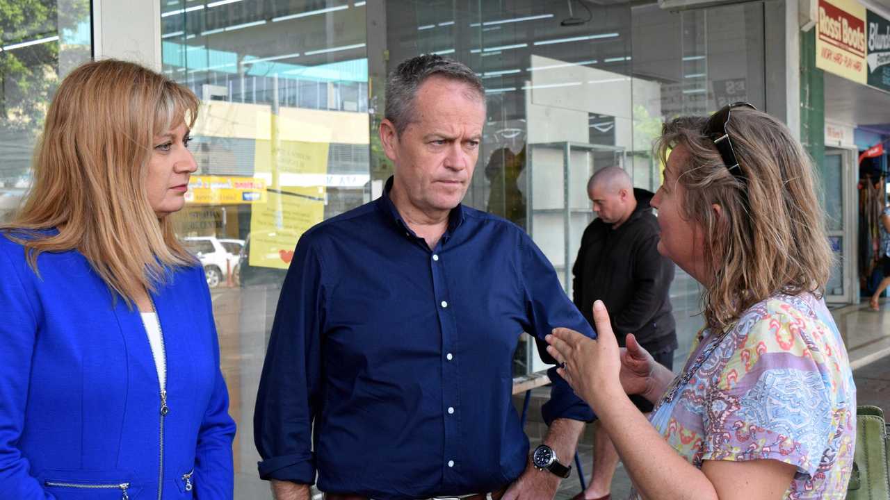 Richmond MP Justine Elliot and Opposition leader, Bill Shorten talking to a resident during their walk through Lismore's CBD. April 13. Picture: Jasmine Burke