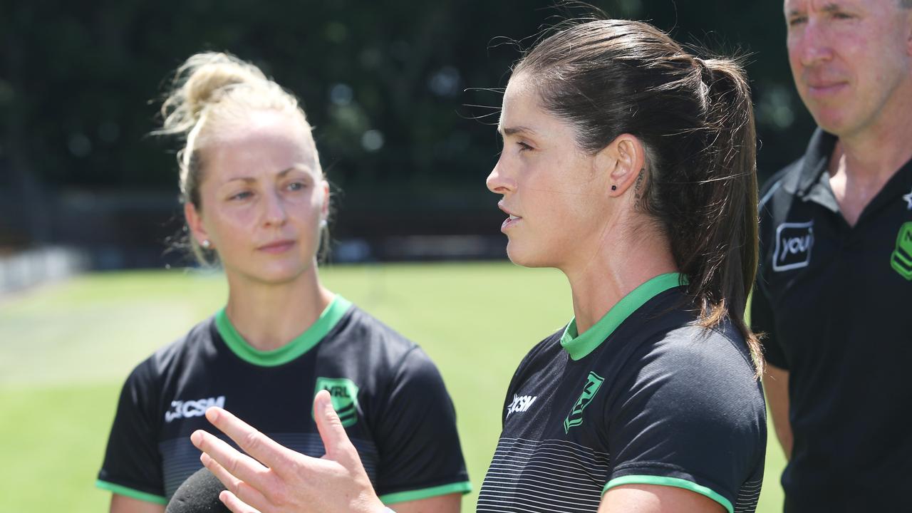 15/2/22: NRL refs Kasey Badger (right with dark hair) and Belinda Sharpe at Liechhardt Oval. The pair will be named as referees in NRL trials at the venue on Friday night. They are also pushing for spots to control round one matches. John Feder/The Daily Telegraph.