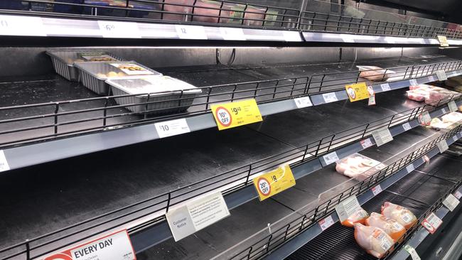 Panic buying returns for round two of lockdown. The meat shelves in Coles in South Melbourne are near empty. Picture: David Crosling.