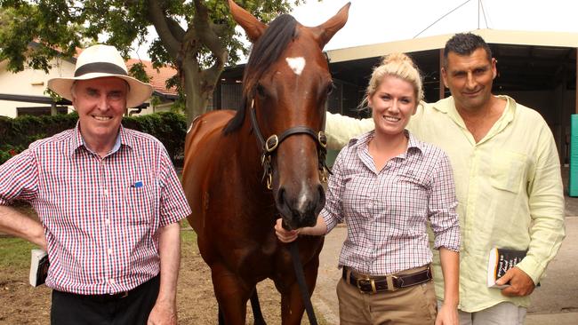 Lot 249 which sold for $720 000 at the auction. Bloodstock agent Tom Hutchinson, handler Holly Barry-Poker, and trainer Rick Worthington.