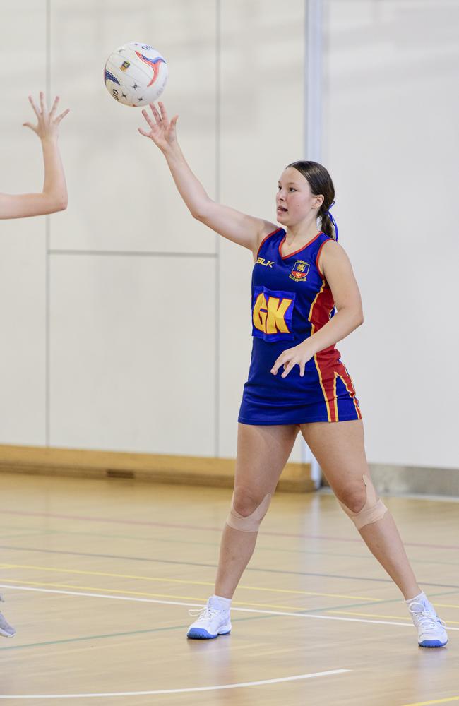 Makayla Ahearn of Downlands in the Laura Geitz Cup netball carnival at The Glennie School, Sunday, March 16, 2025. Picture: Kevin Farmer