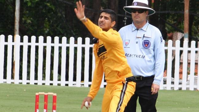 Krishna Padmanabhan sends down a delivery for UNSW in the T20 Semi Final vs. Mosman, 23 Jan 2022. Picture supplied by UNSW