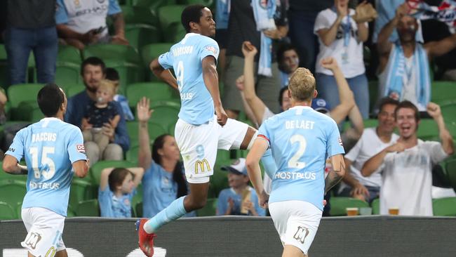 Shayon Harrison celebrates after scoring for Melbourne City against Brisbane Roar at AAMI Park. Picture: AAP