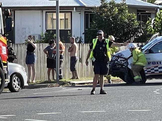 A ute has crashed into a police car in North Mackay in the late afternoon. Picture: Fergus Gregg