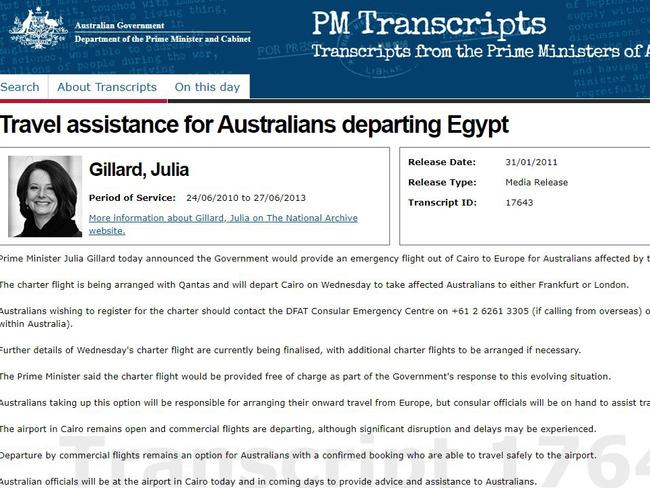 An official transcript showing the Gillard government's Egypt evacuation was free. Source: Commonwealth of Australia