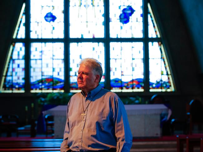 Bishop Charles Gauci in St Marys Cathedral, where Easter Mass will be broadcast by NITV .Picture GLENN CAMPBELL