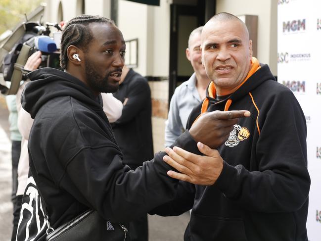 Terence Crawford speaks to Anthony Mundine in Melbourne. Picture: Michael Klein
