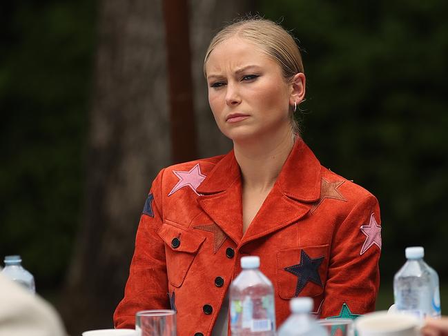 As Prime Minister Scott Morrison addressed the crowd Grace Tame did not look impressed. Picture: NCA NewsWire / Gary Ramage