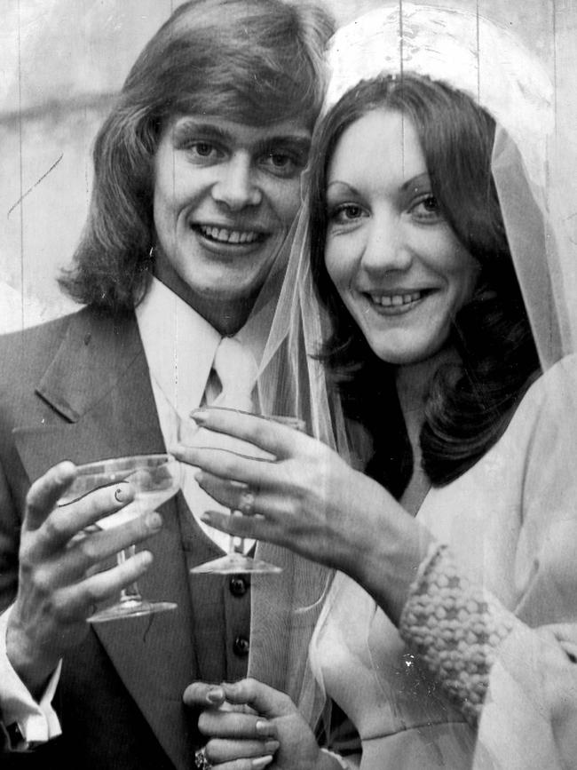 John Farnham with his new bride Jillian at their wedding reception in 1973.
