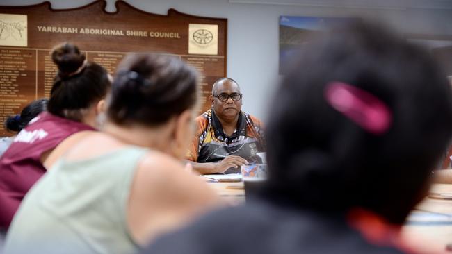 Yarrabah mayor Ross Andrews convenes a meeting with members of the community who protested outside the council's offices. Picture: Isaac McCarthy