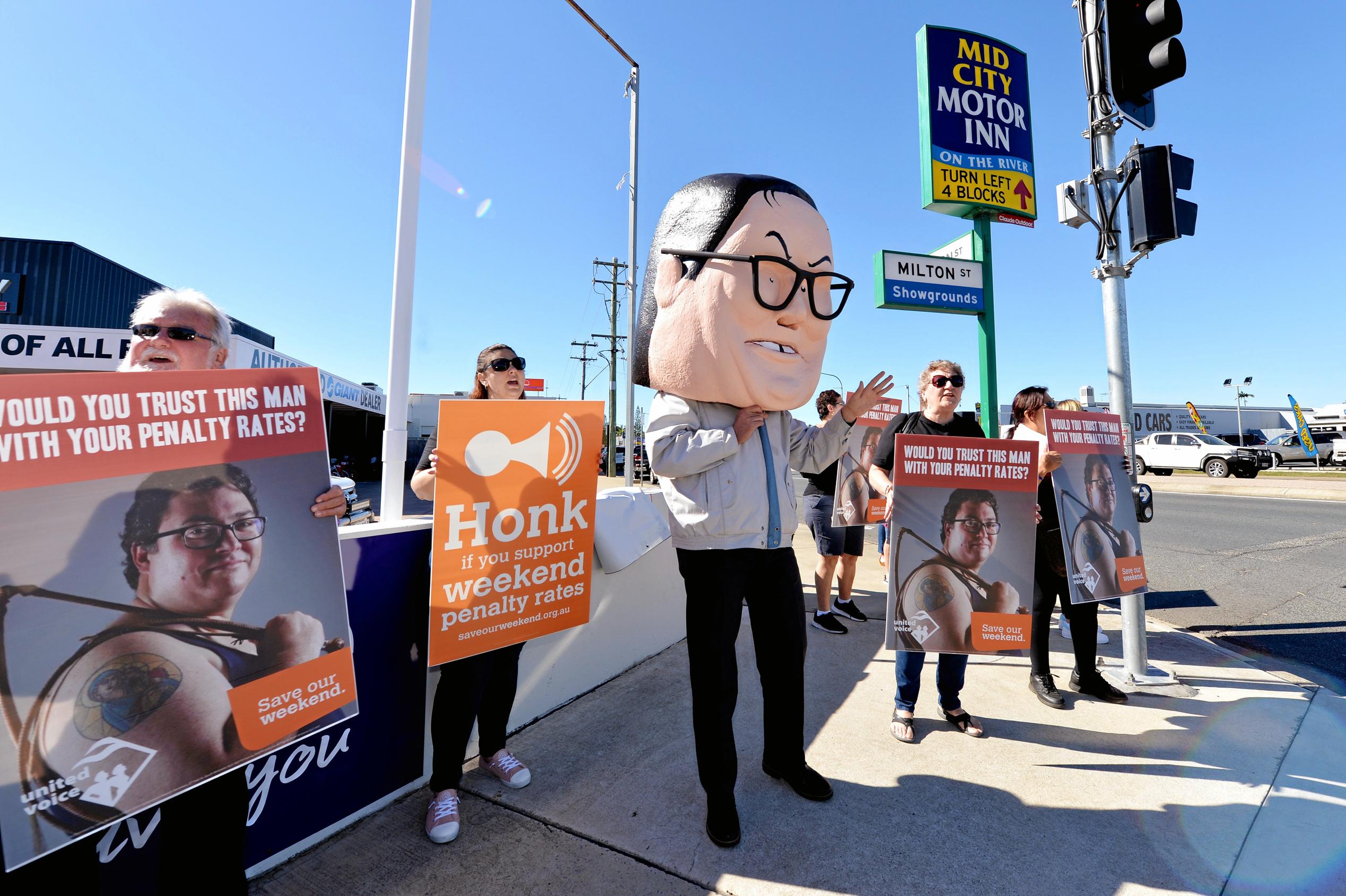 United Voice protesting for penalty rates at MP for Dawson George Christensen office in Mackay. Picture: Stuart Quinn