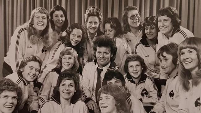 The first Australian women’s soccer team, who competed in the 1975 Asian Ladies Championship in Hong Kong, with coach Joe O'Connor in the middle. Pictured at Sydney Airport. From book The First Matildas.