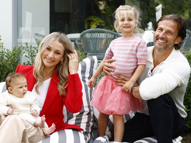 Anna and Tim Robards with Elle and newborn Ruby. Picture: Jonathan Ng