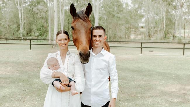 Jockey Ben Thompson with wife Stephanie and their baby boy, Harry. Picture: Supplied.