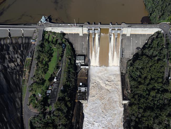 Aerial view of Warragamba Dam overflowing in the Western Sydney region where major floods have hit the area. Picture: Gaye Gerard