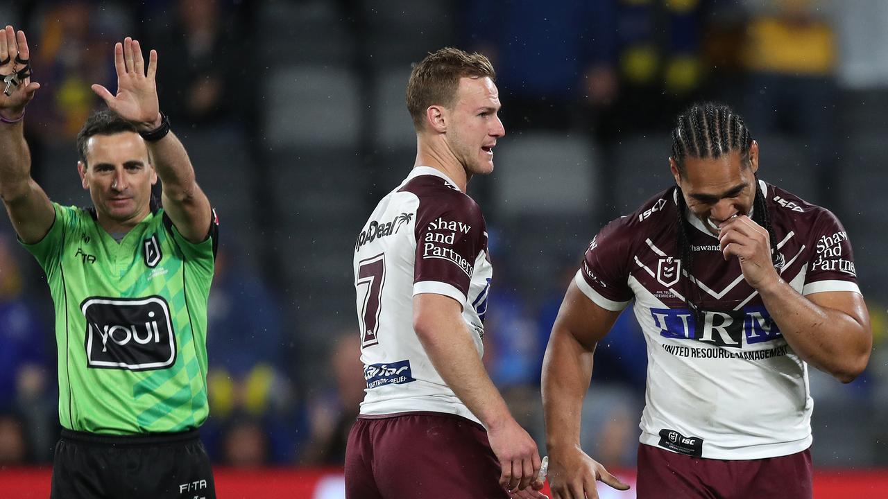 Manly forward Marty Taupau is likely to miss the first week of the finals for a high shot. Picture: Brett Costello