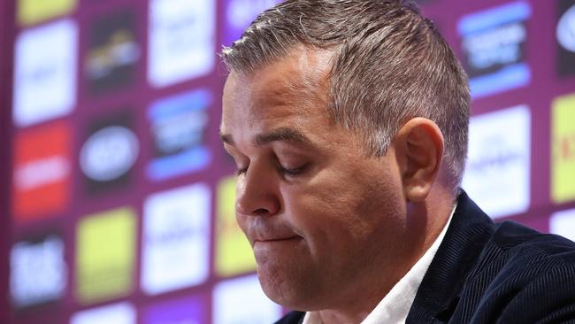 Broncos coach Anthony Seibold speaks to the media after announcing he will be stepping down from the club. Picture: Jono Searle/Getty Images