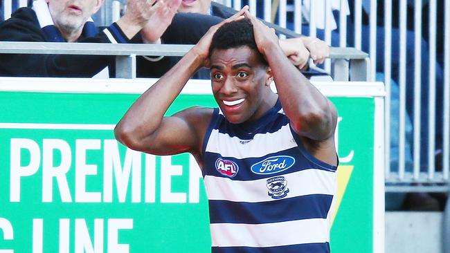 Esava Ratugolea can’t believed he missed a goal against the Swans in Round 6. Picture: Getty Images