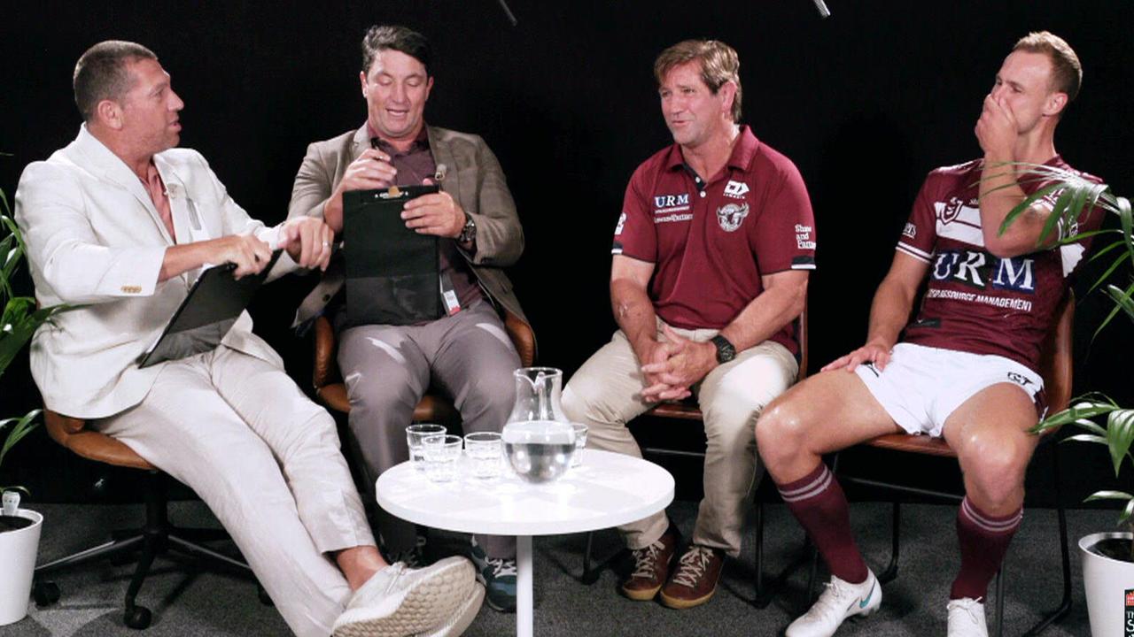 Fletch and Hindy have a laugh with Des Hasler and Daly Cherry-Evans.