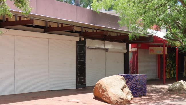 Boarded up shops and businesses in Todd Mall, Alice Springs, in February 2023. Picture: Annabel Bowles