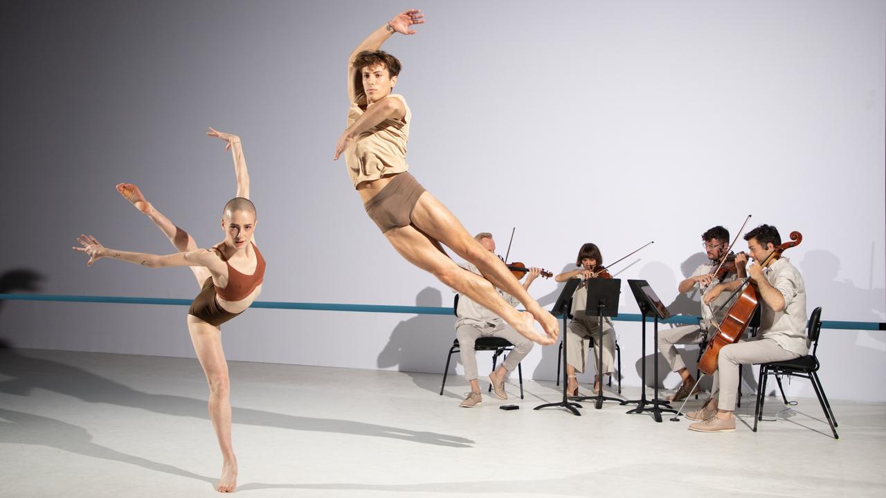 Sydney Dance Company performers Jesse Scales and Rhys Kosakowski with the Australian String Quartet in Impermanence. Picture: Andrew Beveridge