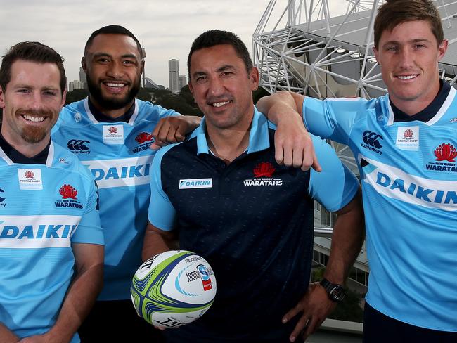 The NSW Waratahs will play their Super Rugby quarter-final versus the Highlanders this Saturday at Allianz Stadium. L-R Bernard Foley, Sekope Kepu, Daryl Gibson (coach) and Alex Newsome. Picture: Toby Zerna