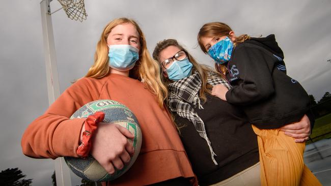 Jenna Kirk with her daughters Millar, 12, and Finley, 5, at the Balnarring Netball Courts. Picture: Jay Town