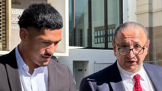 Junior Amone leaving Wollongong Local Court with his lawyer Elias Tabchouri in 2023. Picture: Dylan Arvela