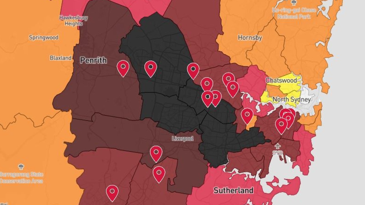 Suburbs with more cases are shaded in darker colours in this map by NSW Health.