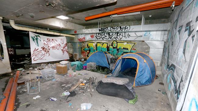 A homeless lair in an old underground carpark in the basment of an abandoned building found on the Gold Coast. Picture Mike Batterham