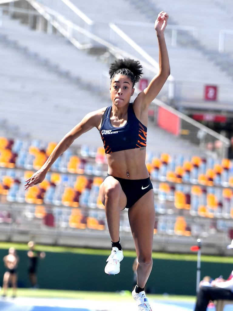 Aliyah Johnson Triple Jump Queensland athletic state titles. Saturday March 13, 2021. Picture, John Gass