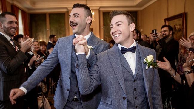 Matthew Mitcham and partner Luke Rutherford at their wedding in Europe.