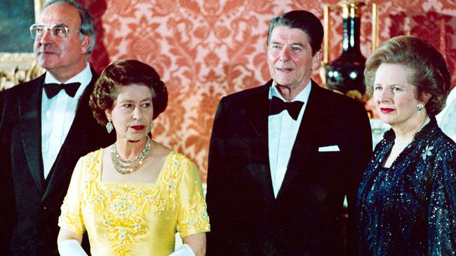 Queen Elizabeth with West German Chancellor Helmut Kohl, US President Ronald Reagan and Prime Minister Margaret Thatcher at Buckingham Palace in 1984.