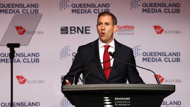 The Australian Federal Treasurer Dr Jim Chalmers MP during his pre-budget address in Brisbane. Picture: NewsWire/Tertius Pickard