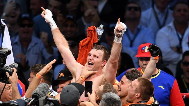 Jeff Horn celebrates defeating Manny Pacquiao at Suncorp Stadium. Picture: AAP