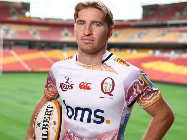 BRISBANE, AUSTRALIA - MAY 30: Wallabies and Queensland Reds player Tate McDermott poses during a Rugby Australia media opportunity  at Suncorp Stadium on May 30, 2025 in Brisbane, Australia. (Photo by Chris Hyde/Getty Images for Rugby Australia)
