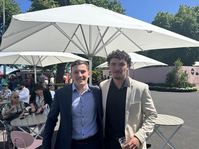 Tye Toomey and Darcy Wilson enjoying the Melbourne Cup. Picture: Oscar Jaeger