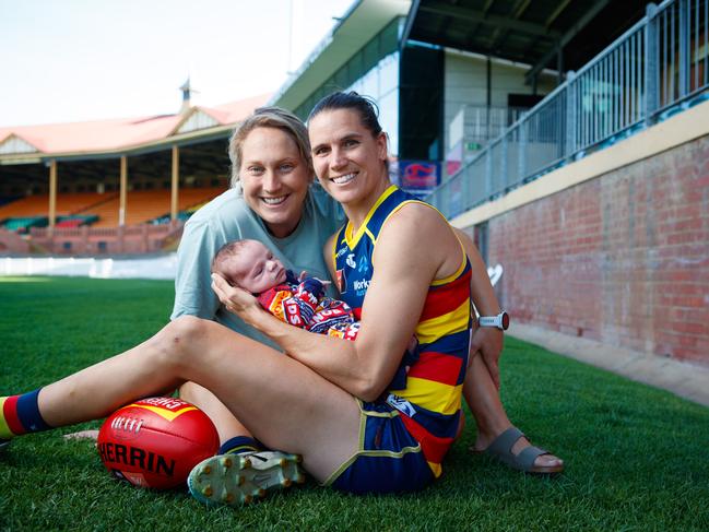 Adelaide AFLW captain Chelsea Randall, fiance Marijana RajcÃÅicÃÂ and their newborn son Tomi at Norwood Oval. Picture Matt Turner.