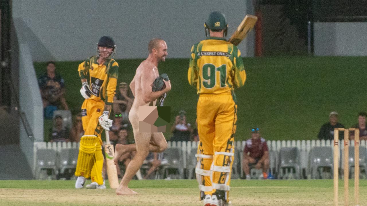 The streaker interrupts a T20 game in Mackay. Picture: Michaela Harlow