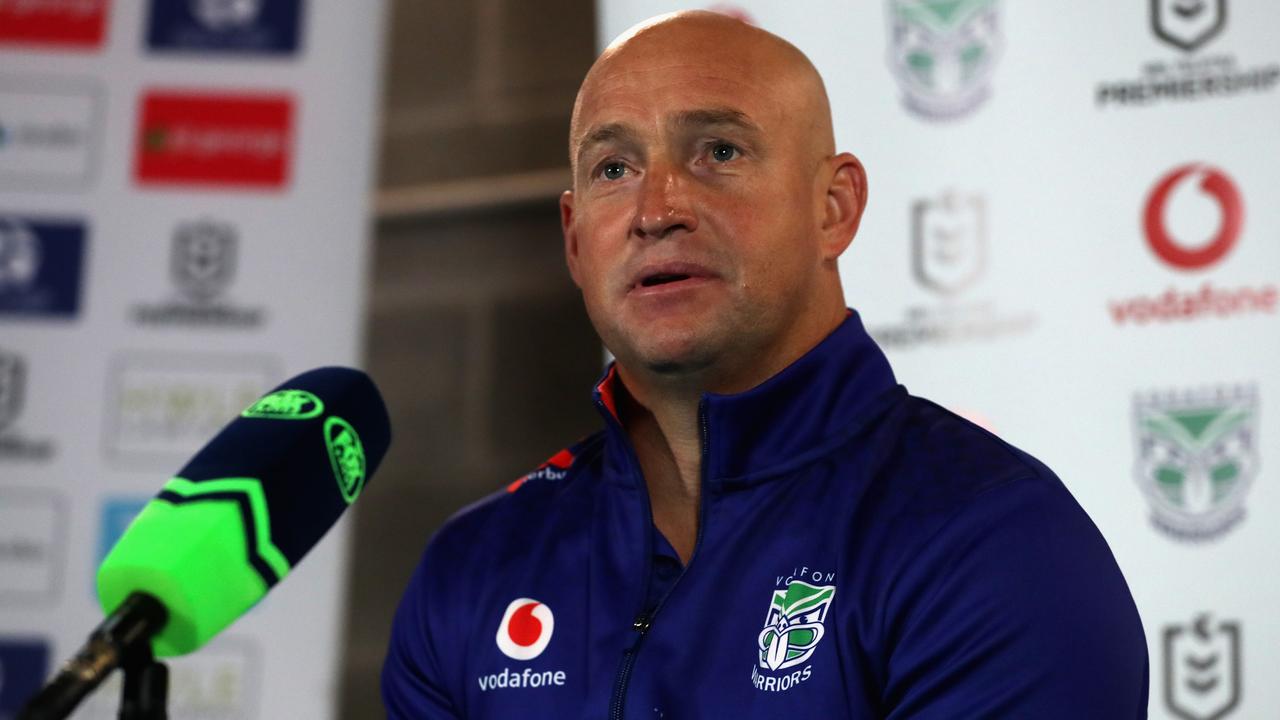 GOSFORD, AUSTRALIA – JULY 02: Nathan Brown coach of the Warriors during the post match interview during the round 16 NRL match between New Zealand Warriors and the St George Illawarra Dragons at Central Coast Stadium, on July 02, 2021, in Gosford, Australia. (Photo by Ashley Feder/Getty Images)