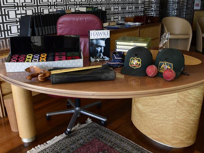 Items up for auction are seen in the home office of former prime minister Bob Hawke, in Northbridge, Sydney, Wednesday, August 21, 2019. A range of items belonging to Bob Hawke and Blanche D'Alpuget will go to auction on August 27. (Bianca De Marchi)