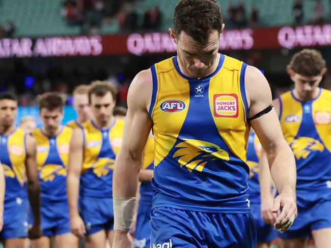 SYDNEY, AUSTRALIA - JUNE 24: Eagles captain Luke Shuey walks from the field after defeat during the round 15 AFL match between Sydney Swans and West Coast Eagles at Sydney Cricket Ground, on June 24, 2023, in Sydney, Australia. (Photo by Mark Metcalfe/AFL Photos/via Getty Images )