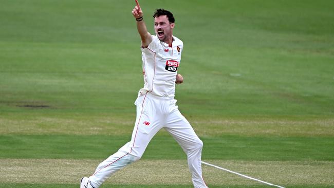 Jordy Buckingham celebrates taking the wicket of Matthew Renshaw Picture: Getty Images