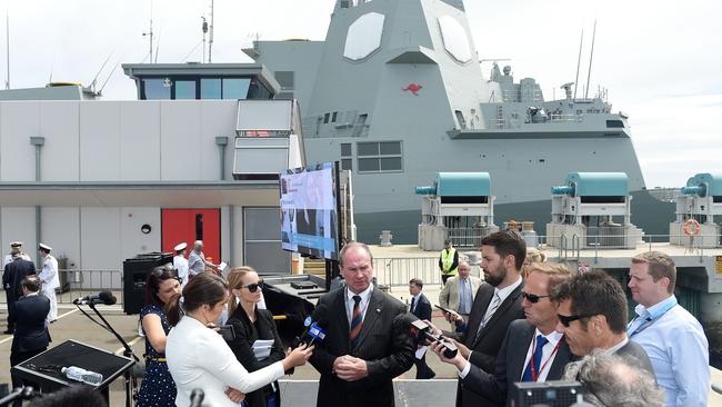 Former defence industries minister Martin Hamilton-Smith speaking at the Air Warfare Destroyer 'Brisbane' Launch at Outer Harbour.