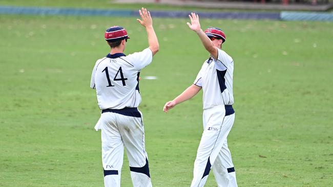 TSS celebrate a wicket GPS first XV cricket between BBC v TSS at Parkman Park. Saturday February 17, 2024. Picture, John Gass